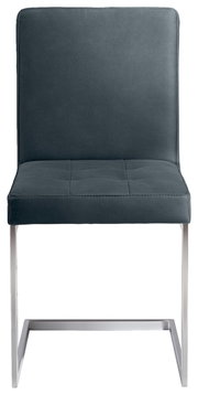 Moderner Freischwinger-Stuhl mit dunkelgrauem Polster und Metallgestell, Frontalansicht