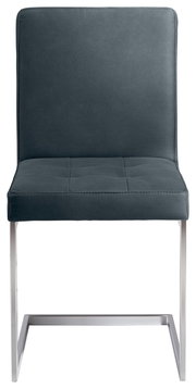 Moderner Freischwinger-Stuhl mit dunkelgrauem Polster und Metallgestell, Frontalansicht