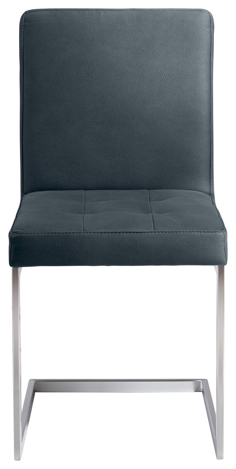 Moderner Freischwinger-Stuhl mit dunkelgrauem Polster und Metallgestell, Frontalansicht