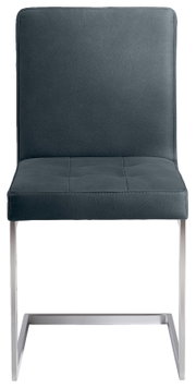 Moderner Freischwinger-Stuhl mit dunkelgrauem Polster und Metallgestell, Frontalansicht