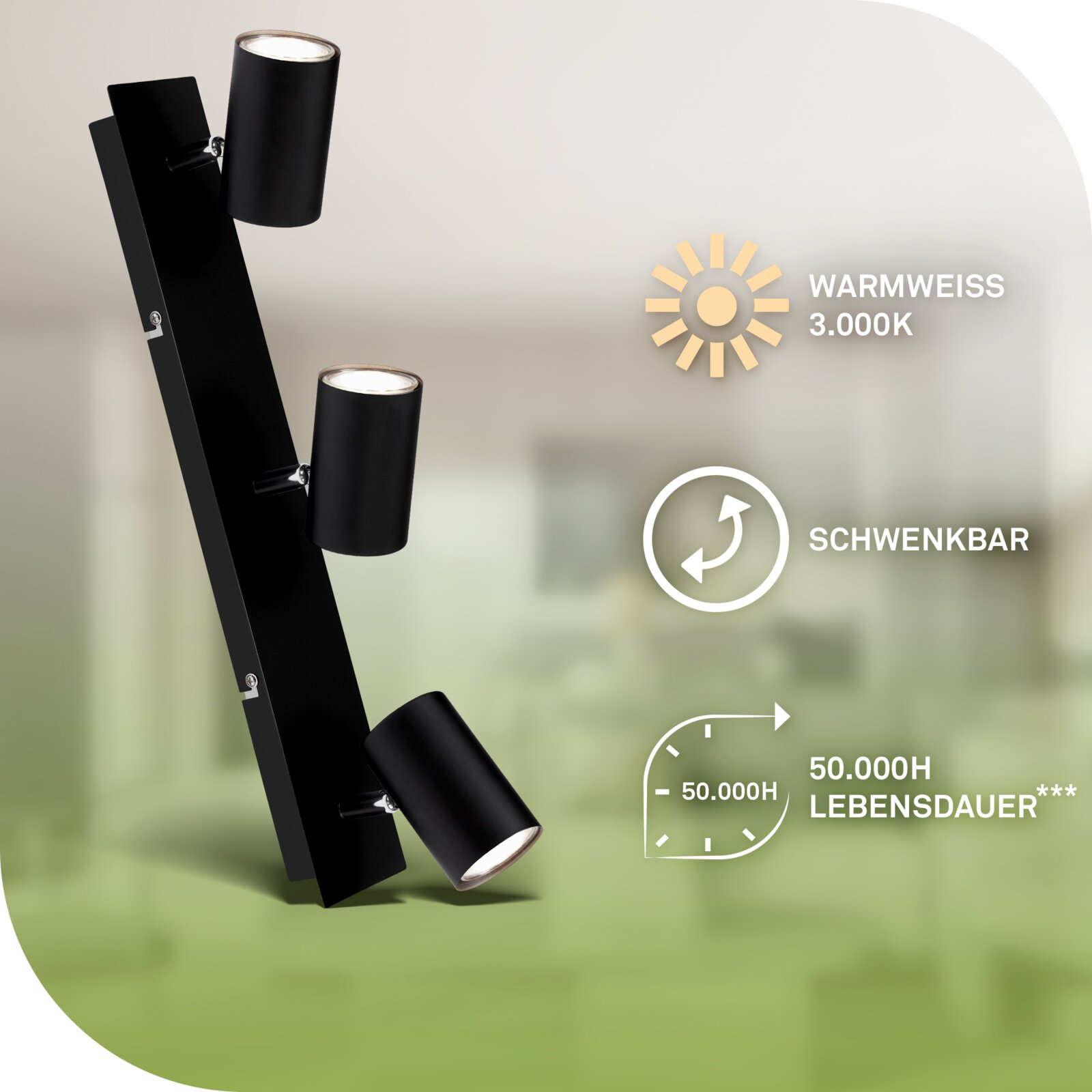 Schuin vooraanzicht van een zwarte plafondspot met drie zwenkbare lampkoppen, warmwit licht van 3000 K en een levensduur van 50.000 uur.