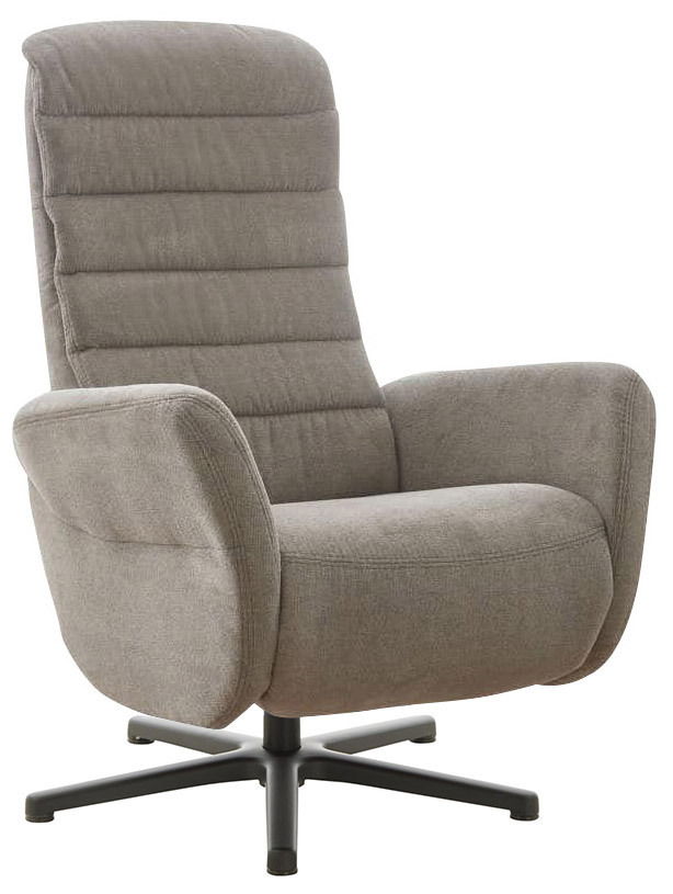 Grauer Relaxsessel mit hoher Rückenlehne und drehbarem Fuß, seitliche Perspektive