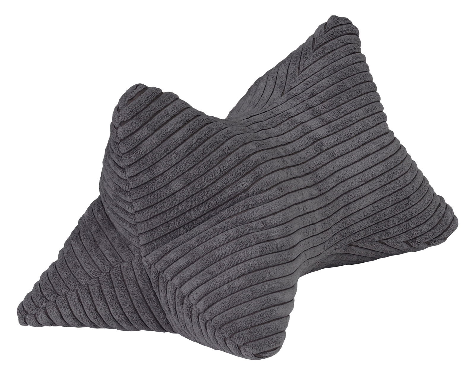 Grauer Leseknochen aus weichem, geripptem Stoff, schräg von oben fotografiert.