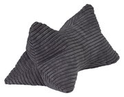 Grauer Leseknochen aus weichem, geripptem Stoff, schräg von oben fotografiert.