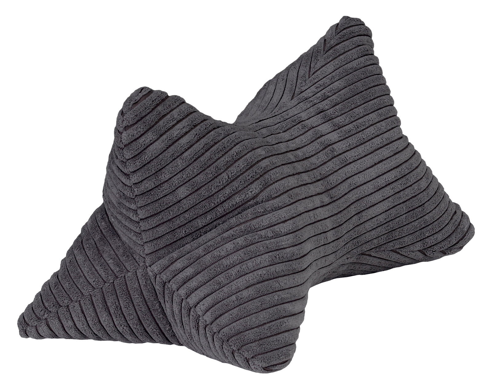 Grauer Leseknochen aus weichem, geripptem Stoff, schräg von oben fotografiert.