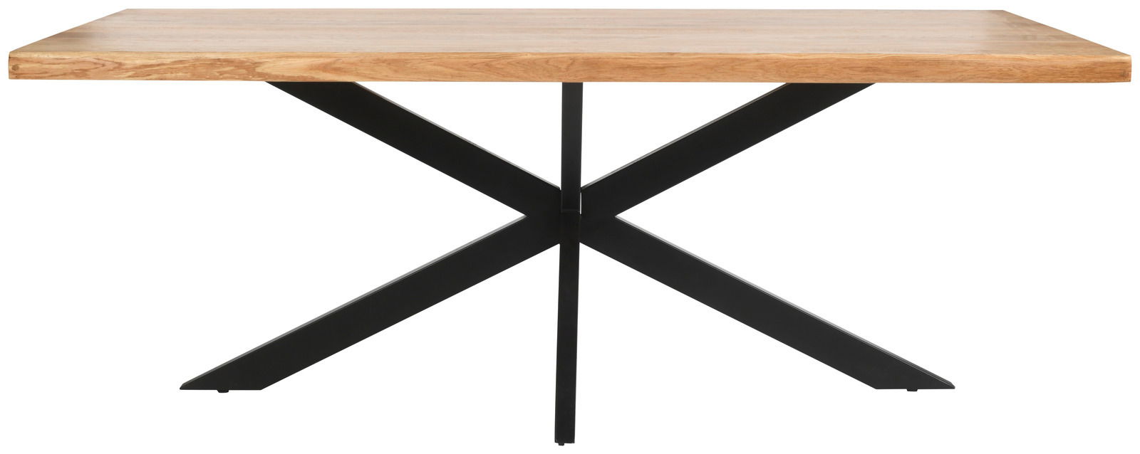 Moderner Esstisch mit Holzplatte und schwarzem Metallgestell in X-Form, Frontalansicht.