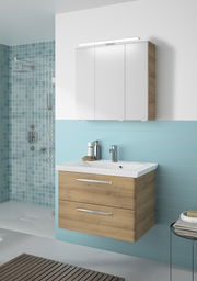 Moderner Badblock mit Holzoptik und weißem Waschbecken, frontal abgebildet in einem stilvollen Badezimmer.