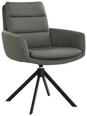 Moderner Sessel mit grauem Lederbezug und schwarzem Metallgestell, seitliche Perspektive