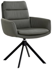 Moderner Sessel mit grauem Lederbezug und schwarzem Metallgestell, seitliche Perspektive