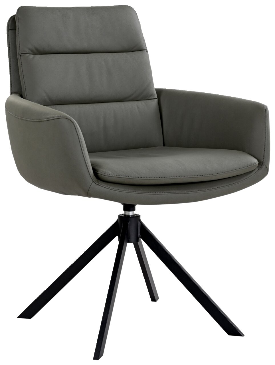 Moderner Sessel mit grauem Lederbezug und schwarzem Metallgestell, seitliche Perspektive