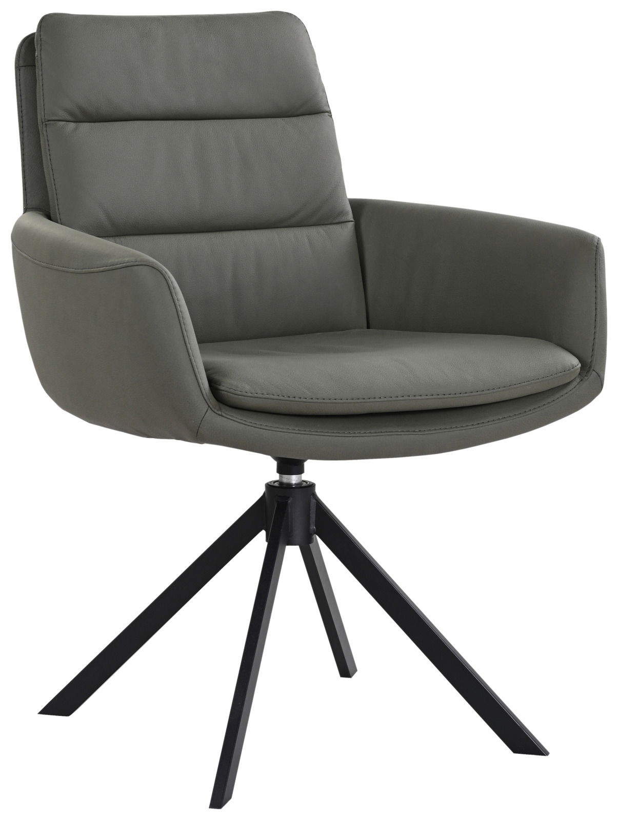 Moderner Sessel mit grauem Lederbezug und schwarzem Metallgestell, seitliche Perspektive