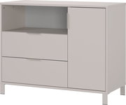 Breite Kommode mit zwei Schubladen und einer Tür, aus hellem Holz, frontal betrachtet.