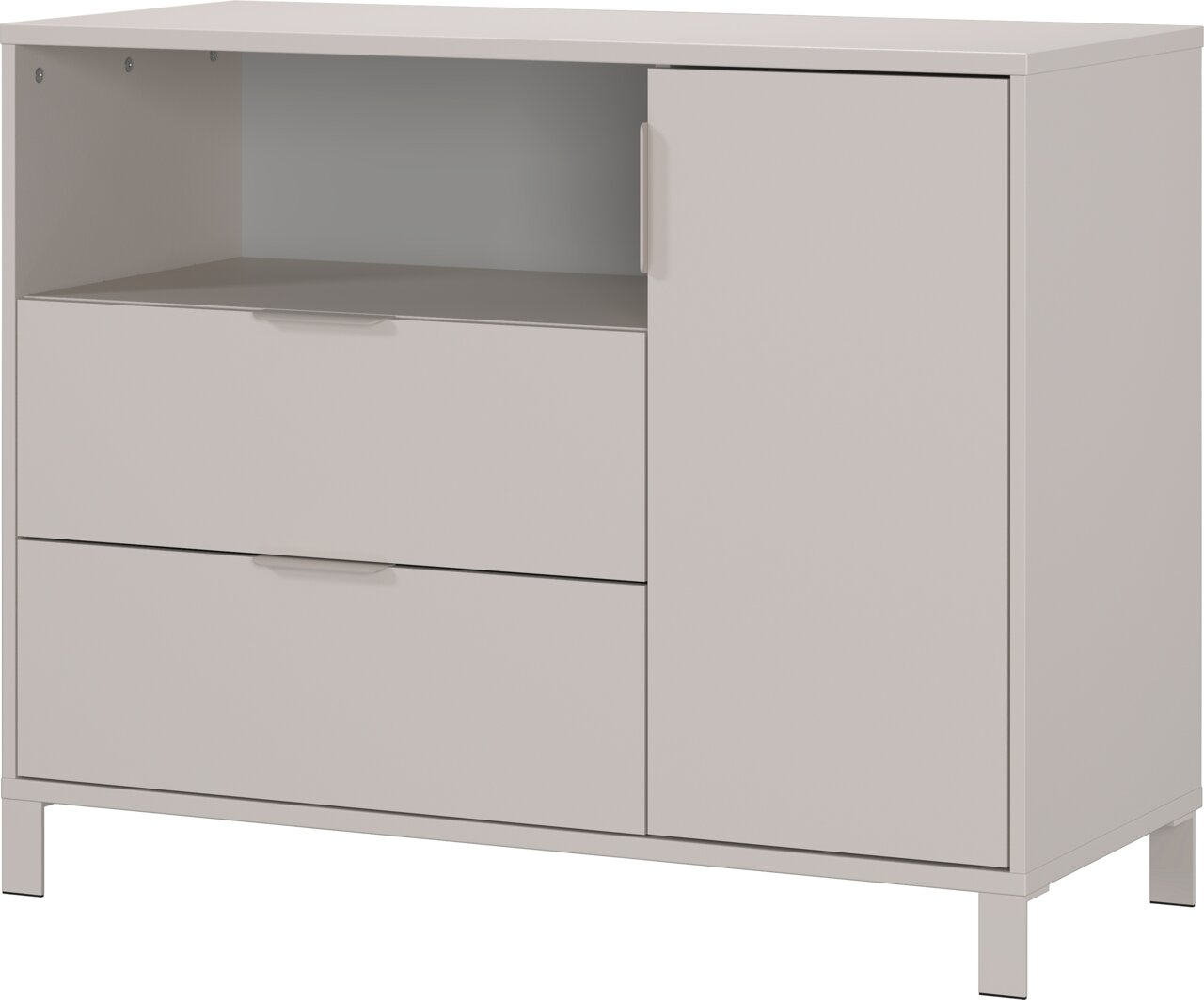 Breite Kommode mit zwei Schubladen und einer Tür, aus hellem Holz, frontal betrachtet.