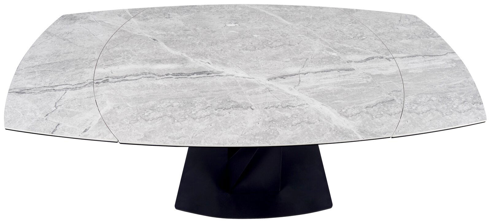 Moderner Esstisch mit grauer Marmoroptik und schwarzem Sockel, Ansicht von oben
