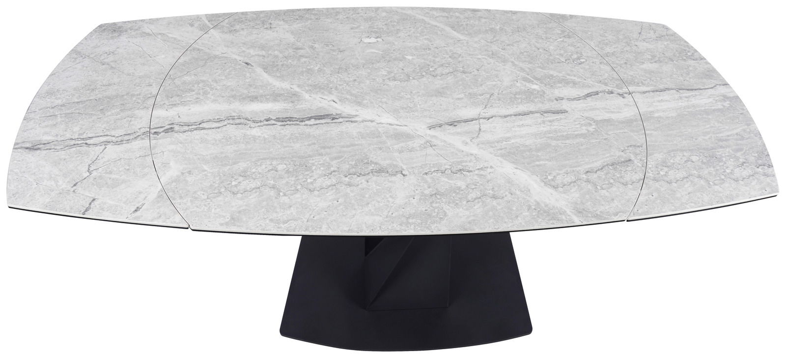 Moderner Esstisch mit grauer Marmoroptik und schwarzem Sockel, Ansicht von oben