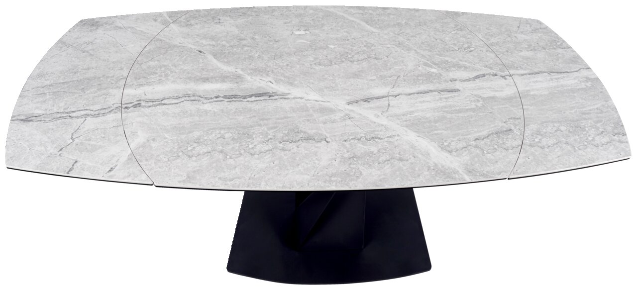 Moderne eettafel met grijze marmerlook en zwarte voet, bovenaanzicht
