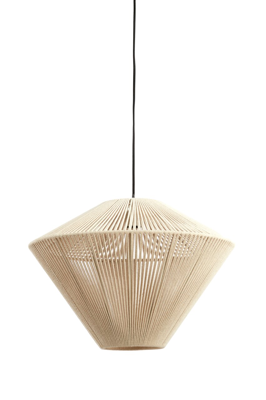 Hanglamp van gevlochten materiaal in kegelvorm, zijaanzicht