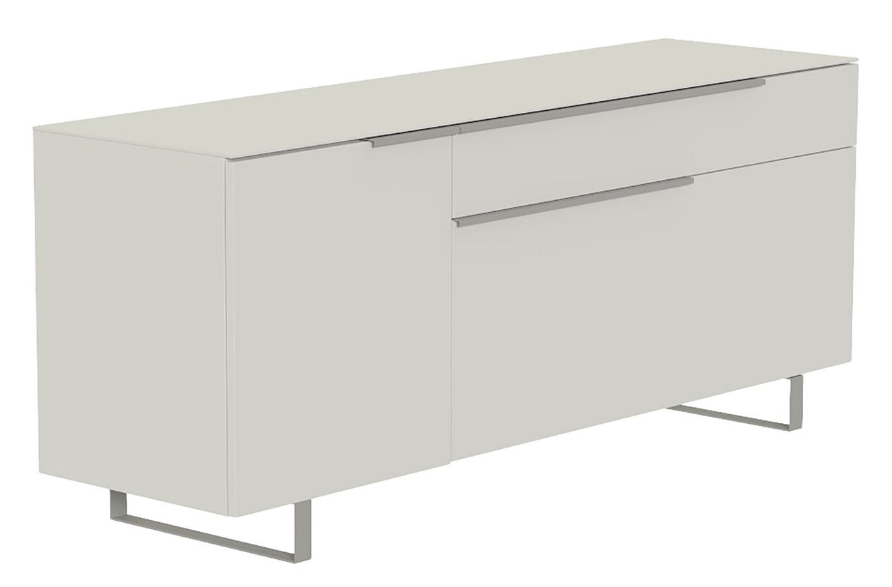 Modernes TV-Lowboard in hellem Design mit zwei Türen und einer Schublade, seitliche Perspektive