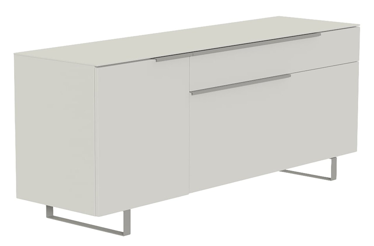 Modernes TV-Lowboard in hellem Design mit zwei Türen und einer Schublade, seitliche Perspektive