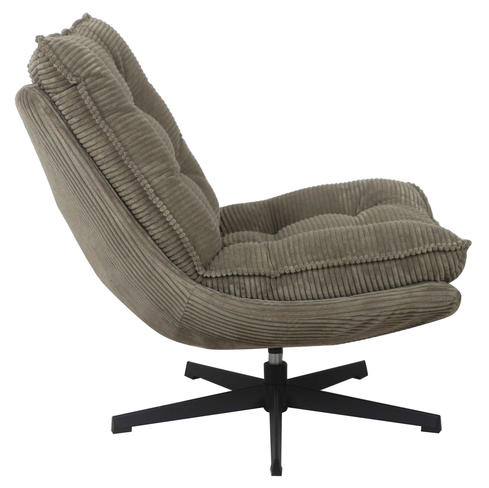 Seitenansicht eines Relaxsessels JOSHUA mit geripptem Stoffbezug und schwarzem Drehfuß.
