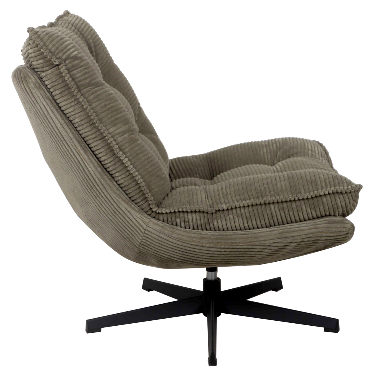 Seitenansicht eines Relaxsessels JOSHUA mit geripptem Stoffbezug und schwarzem Drehfuß.
