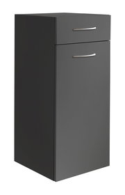 Graue Wäschekommode mit einer Schublade und einer Tür, seitliche Perspektive