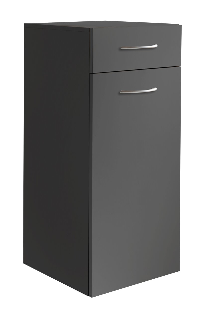 Graue Wäschekommode mit einer Schublade und einer Tür, seitliche Perspektive