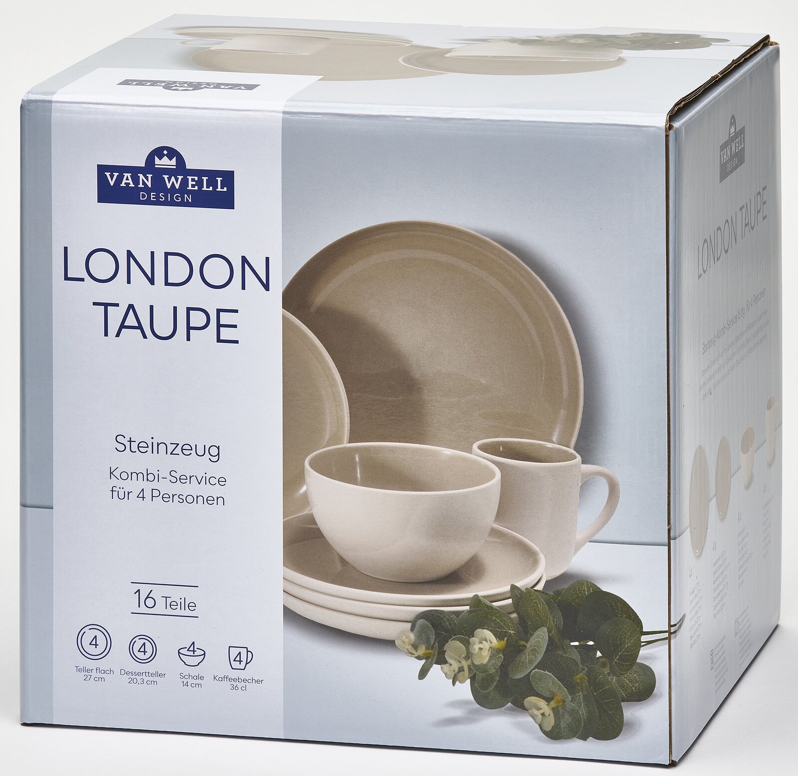 Kombiservice 16-teilig in Taupe, bestehend aus flachen Tellern, Desserttellern, Schalen und Kaffeebechern, präsentiert in einer stilvollen Verpackung. Perspektive: Schräg von vorne.