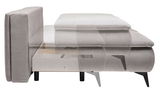 Seitenansicht eines grauen Boxspring-Funktionssofas mit sichtbarem Stauraum unter der Sitzfläche.