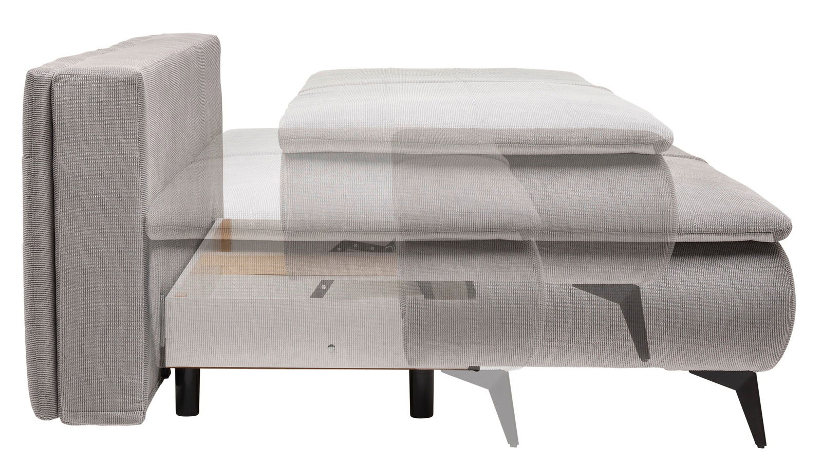 Seitenansicht eines grauen Boxspring-Funktionssofas mit sichtbarem Stauraum unter der Sitzfläche.
