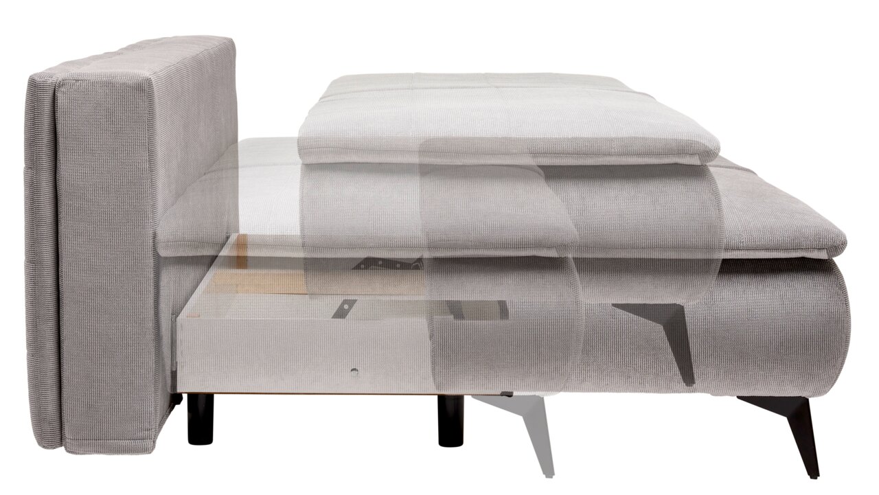 Zijaanzicht van een grijze boxspring-multifunctionele bank met zichtbare opbergruimte onder de zitting.