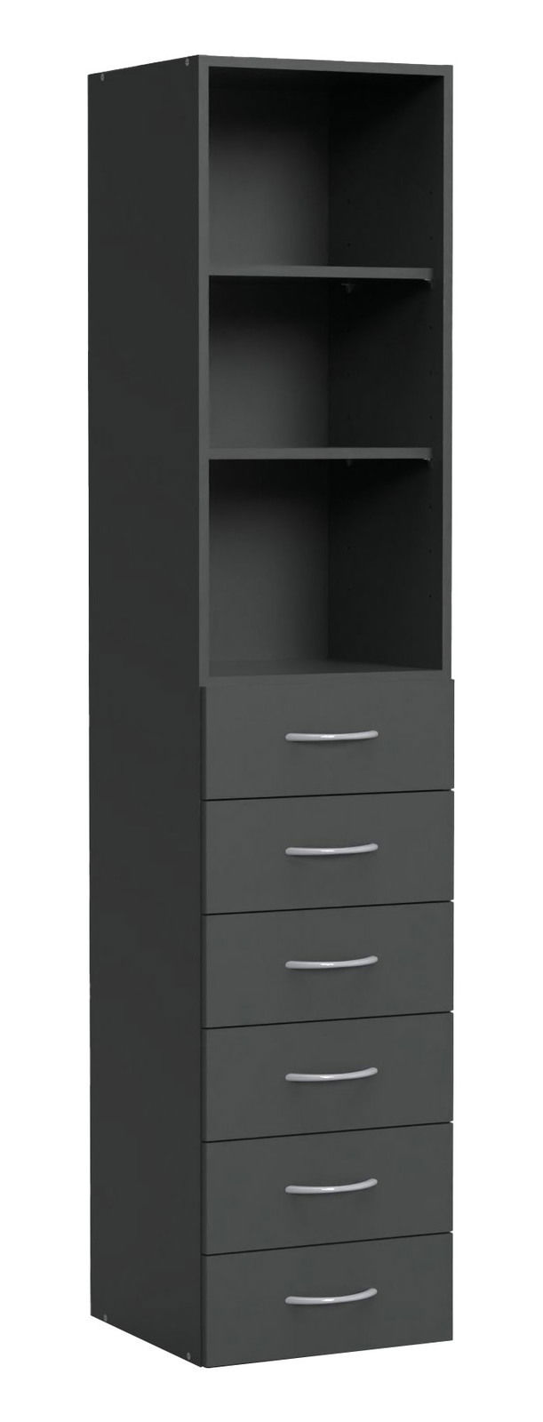 XORA Mehrzweckschrank MULTIRAUMKONZEPT Schwarzer Mehrzweckschrank mit zwei offenen Fächern oben und sechs Schubladen unten, seitliche Perspektive