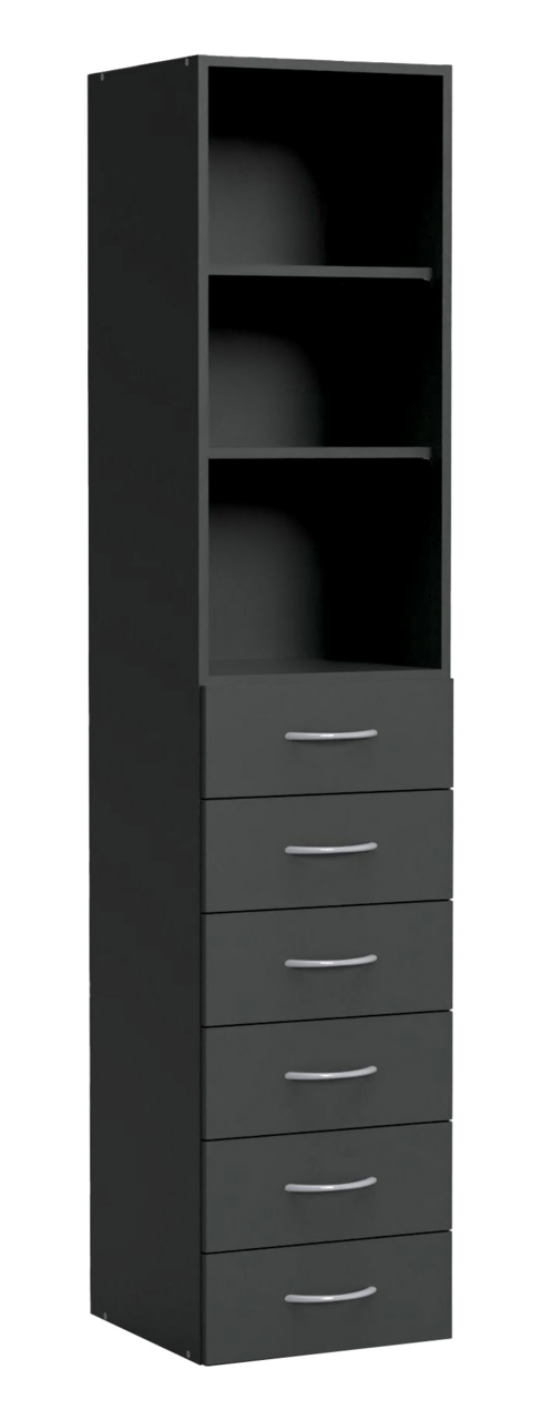 Schwarzer Mehrzweckschrank mit zwei offenen Fächern oben und sechs Schubladen unten, seitliche Perspektive