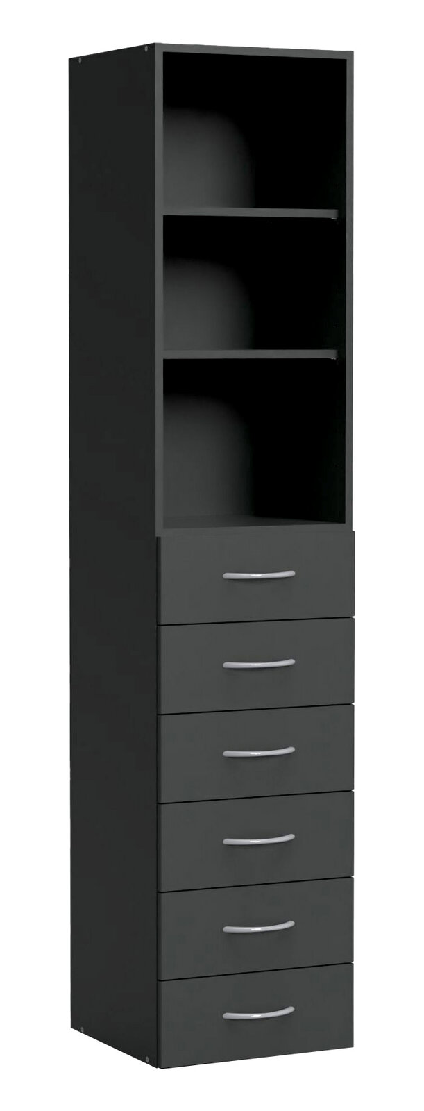 Schwarzer Mehrzweckschrank mit zwei offenen Fächern oben und sechs Schubladen unten, seitliche Perspektive