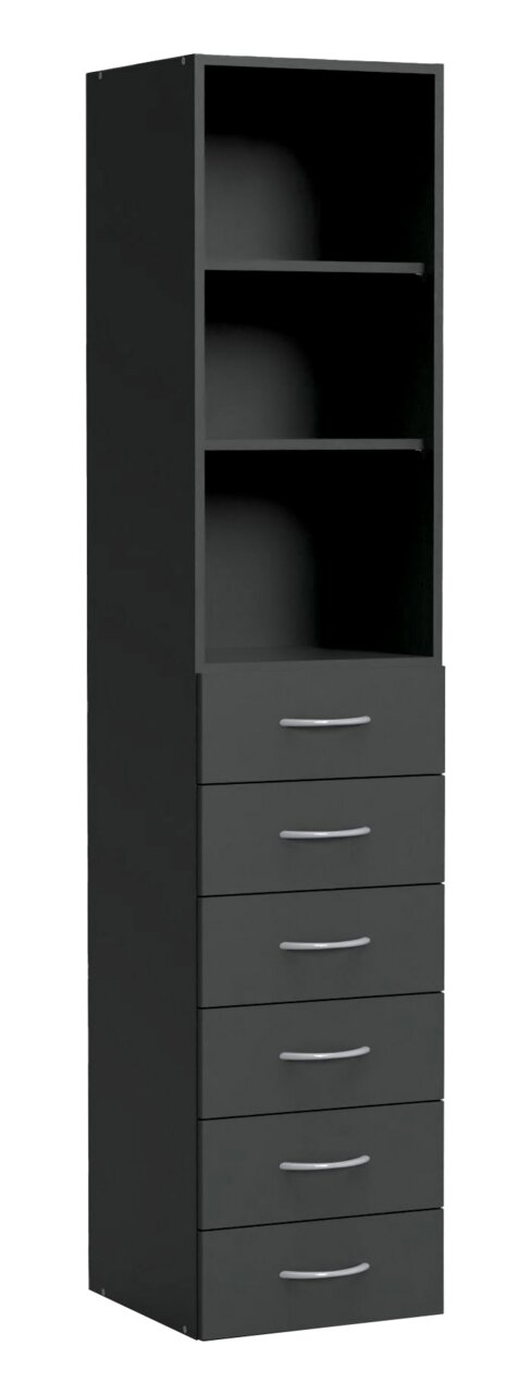 Schwarzer Mehrzweckschrank mit zwei offenen Fächern oben und sechs Schubladen unten, seitliche Perspektive