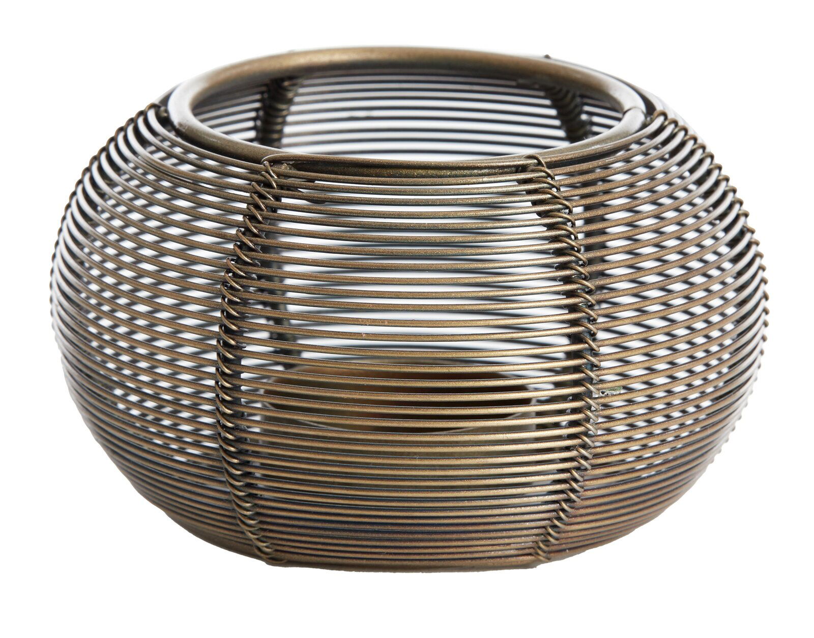 Runder Teelichthalter aus Metall mit antikem Finish, seitliche Perspektive