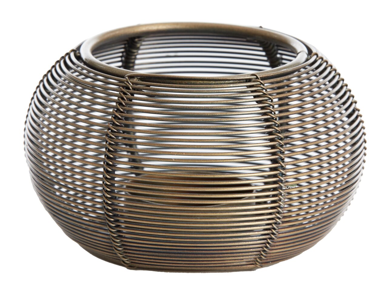 Runder Teelichthalter aus Metall mit antikem Finish, seitliche Perspektive