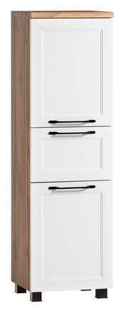 Moderner Midischrank in Holzoptik mit weißen Türen und schwarzen Griffen, seitliche Perspektive