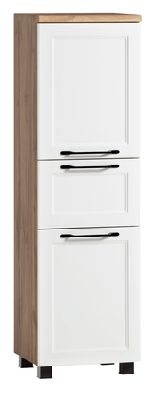 Moderner Midischrank in Holzoptik mit weißen Türen und schwarzen Griffen, seitliche Perspektive