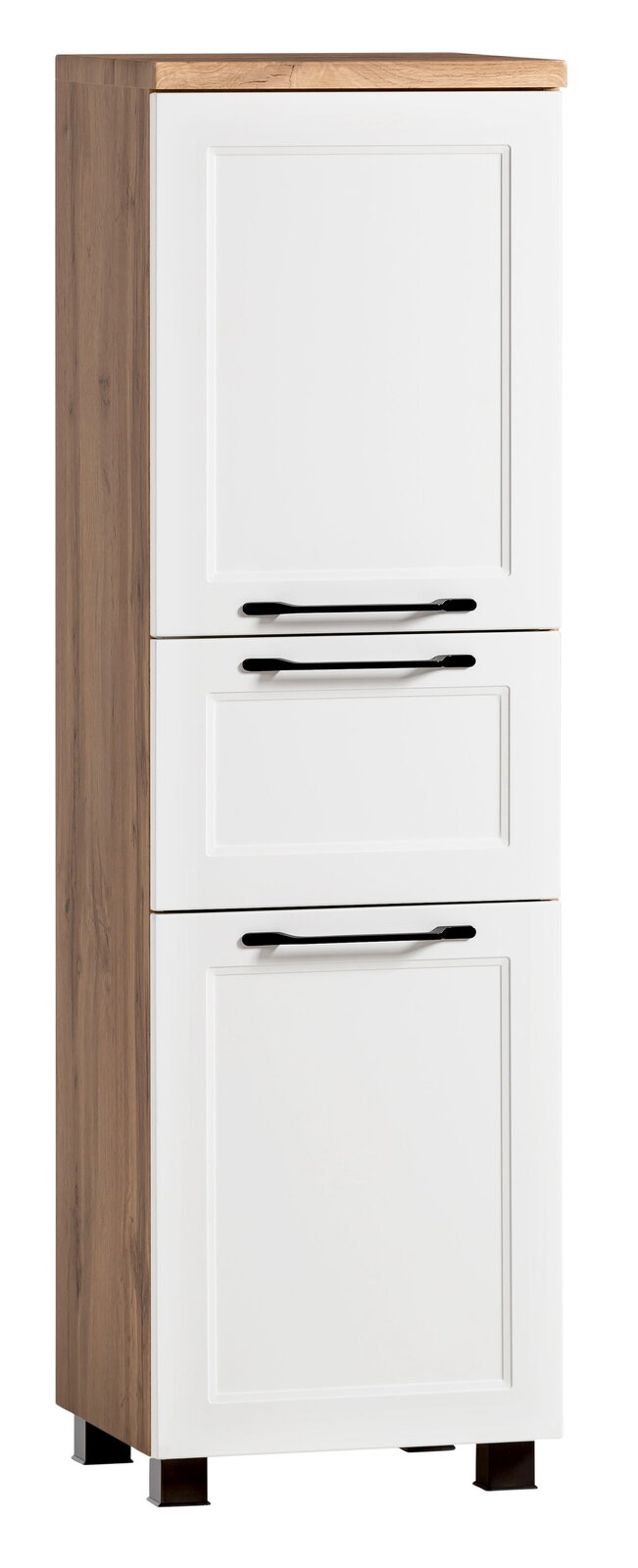 XORA Midischrank MERAN Moderner Midischrank in Holzoptik mit weißen Türen und schwarzen Griffen, seitliche Perspektive