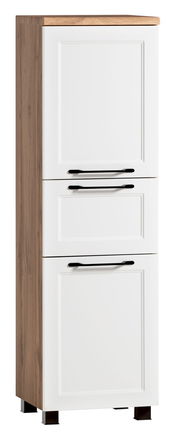 Moderner Midischrank in Holzoptik mit weißen Türen und schwarzen Griffen, seitliche Perspektive