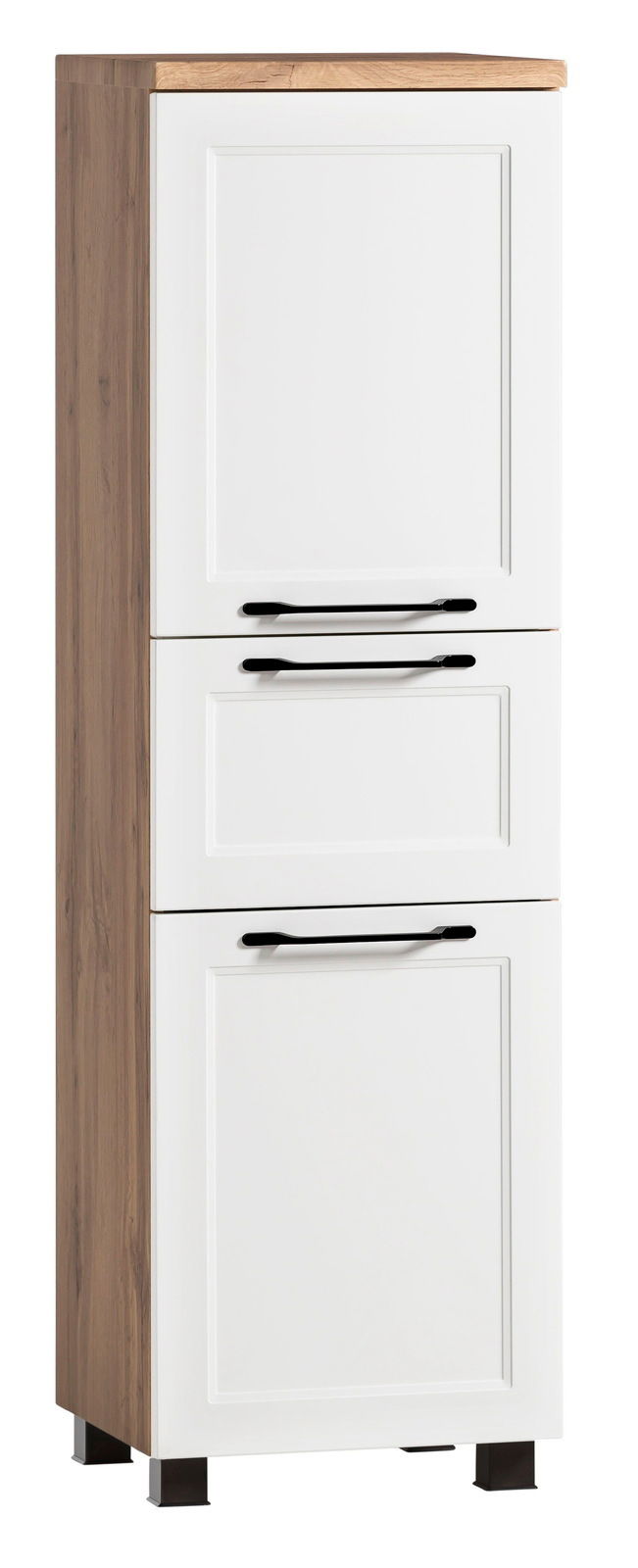 Moderner Midischrank in Holzoptik mit weißen Türen und schwarzen Griffen, seitliche Perspektive