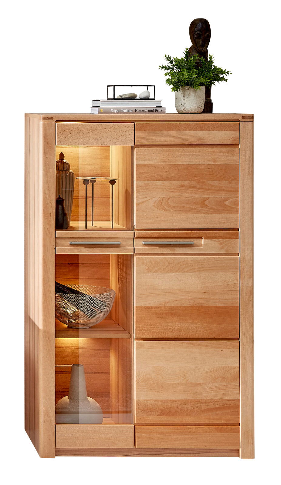 Vitrine klein aus Holz mit Glaselementen, dekoriert mit Büchern, Pflanzen und Skulpturen, frontal betrachtet.