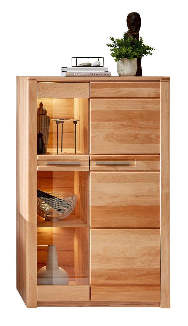 Z2 Vitrine klein NATURE ONE Vitrine klein aus Holz mit Glaselementen, dekoriert mit Büchern, Pflanzen und Skulpturen, frontal betrachtet.