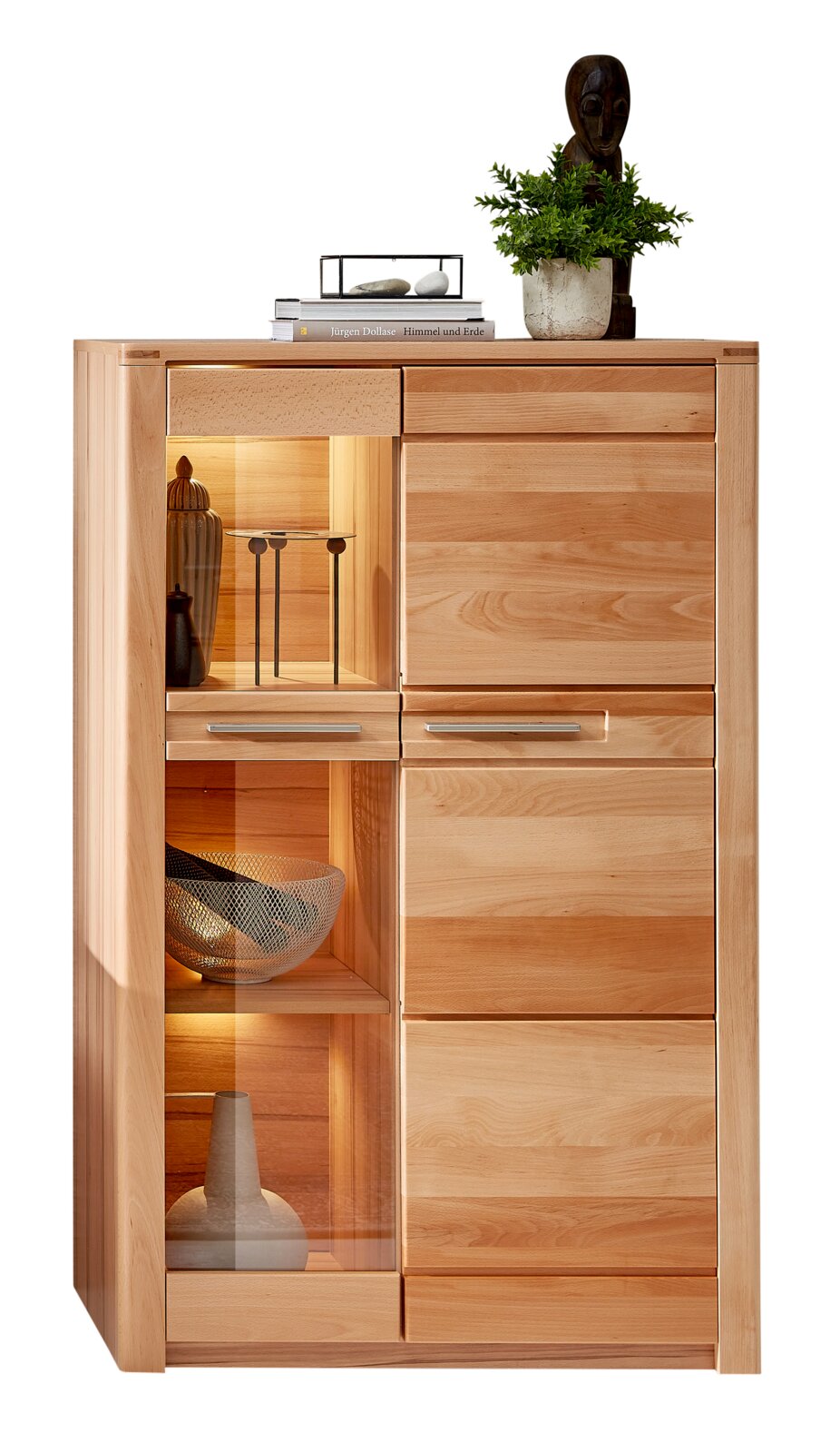 Vitrine klein aus Holz mit Glaselementen, dekoriert mit Büchern, Pflanzen und Skulpturen, frontal betrachtet.