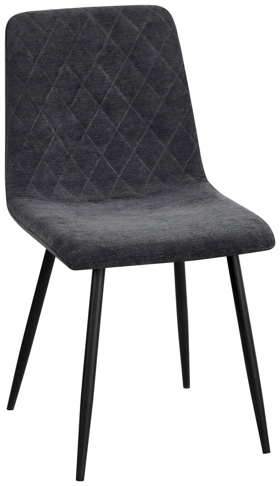 Grauer Stuhl mit gesteppter Rückenlehne und schwarzen Metallbeinen, seitliche Perspektive