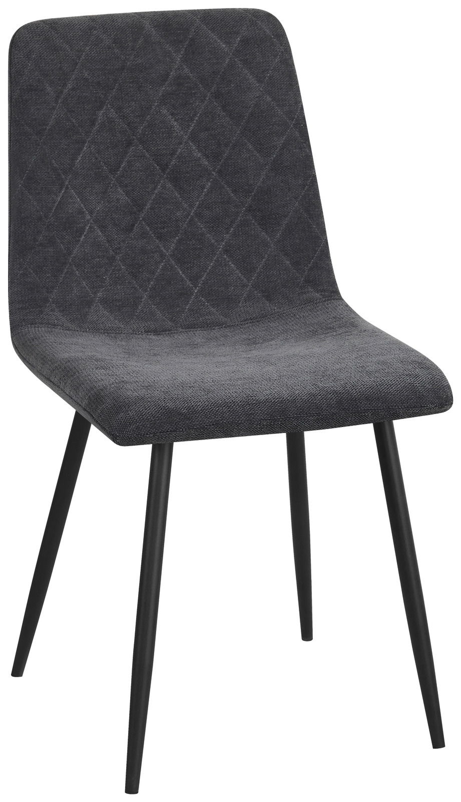Grauer Stuhl mit gesteppter Rückenlehne und schwarzen Metallbeinen, seitliche Perspektive