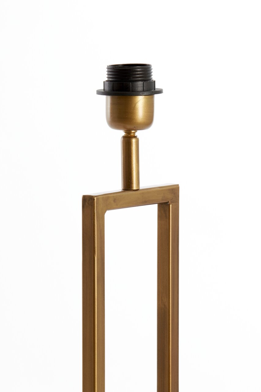 Light&Living Lampvoet SHIVA Nahaufnahme eines goldenen Lampenfußes der Light&Living Leuchte SHIVA mit rechteckigem Rahmen und schwarzer Fassung, seitliche Perspektive.