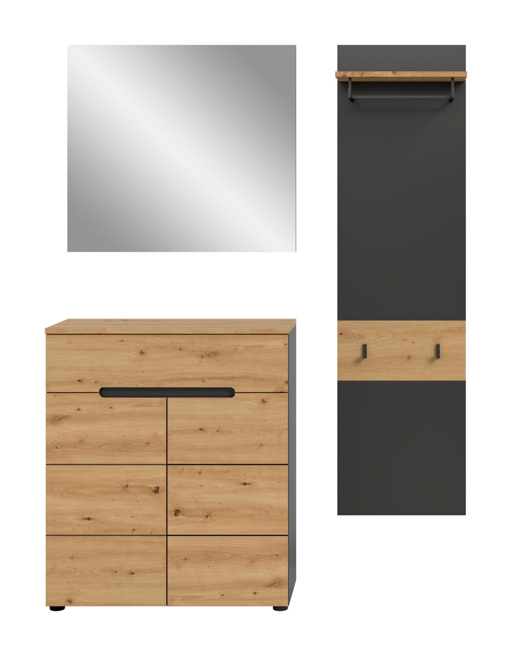 Modernes Garderoben-Set in Eiche-Optik mit schwarzer Rückwand: Spiegel, Schuhschrank/Kommode und Garderobenpaneel mit Ablage und Haken, frontal aus der Vorderansicht dargestellt