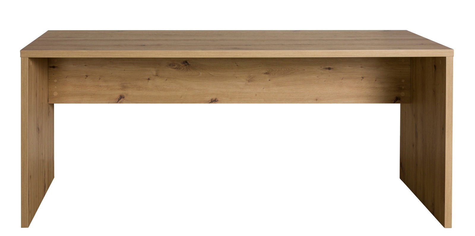 Moderner Schreibtisch aus Holz in Frontansicht, schlichtes Design mit natürlicher Holzmaserung.